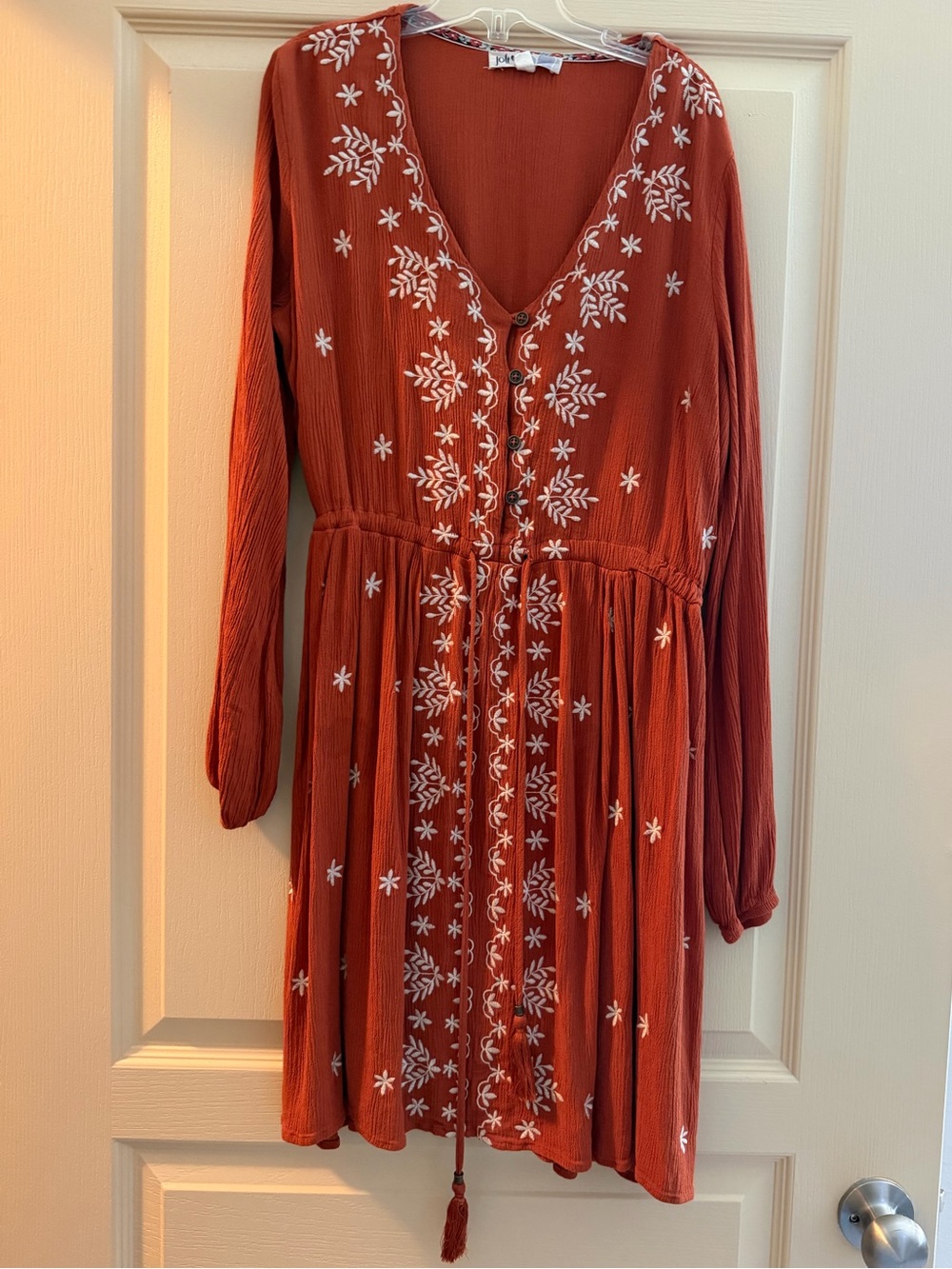 Jolt Rust Long-Sleeve Embroidered V-Neck Dress